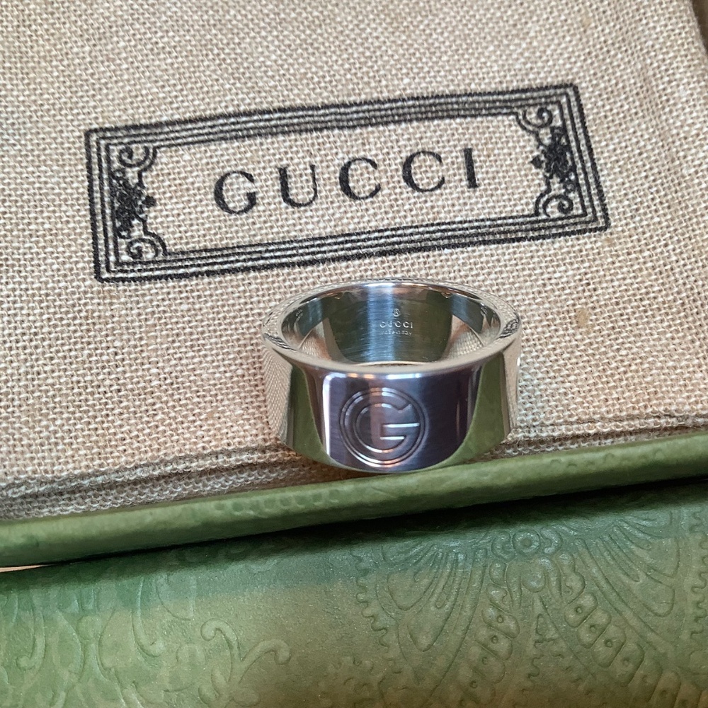 GUCCI Sterling Silver Cut Out Wide Band G Logo Ring SZ 8 - Picture 6 of 11